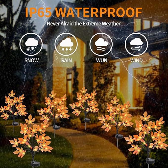 2 Packs Solar Prelit Fall Tree Lights for Outdoor Thanksgiving Decorations, 2 Modes Thanksgiving Solar Lights, Waterproof Maple Tree Solar Fall Lights for Fall Yard Patio Garden