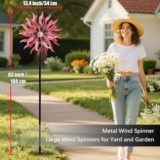 Large Wind Spinners Outdoor Metal, 360° Double-Layer Garden Wind Spinners Sculptures, 63" ×13.4", Kinetic Pinwheels for Yard and Garden Patio & Lawn (Pink)