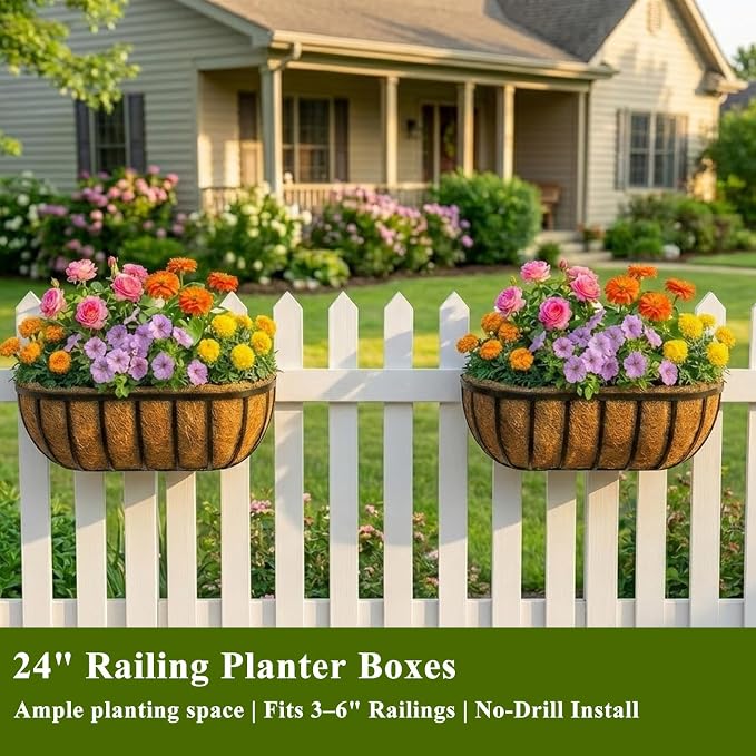24 Inch Railing Planter Boxes 2 Pack Metal Window Box Planters with Coco Coir Liners, Horse Trough Planter with Adjustable Brackets for Deck Balcony Fence Porch Patio Outdoor Garden, Black