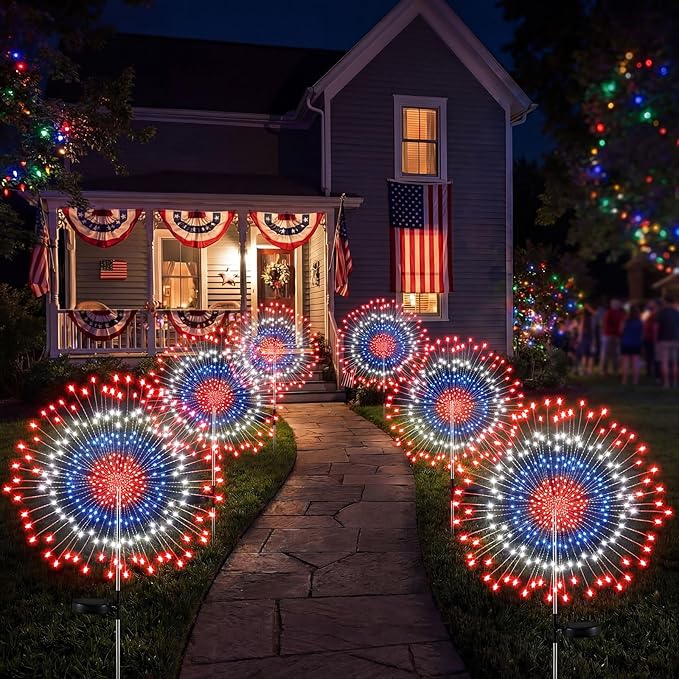 Tujoe 3 Pcs 4th of July Solar Firework Lights Patriotic Solar Light Outdoor Garden 120 LED 8 Modes Waterproof LED Sparkler Light for 250th Anniversary Patio Yard Pathway Walkway (Patriotic Colors)