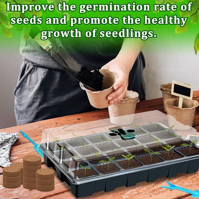 Halatool 2 Set Seed Starter Tray Kits, 2 Pack Germination Tray with 50 Pcs Coco Pellets, Greenhouse Indoor Seed Germination System for Herbs Vegetables Flowers, Seed Starter Kit