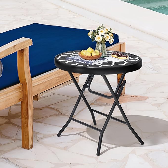 Foldable Side Table with Tempered Glass Top 18" Outdoor Folding Side Tables Small Glass Patio Table for Porch Yard Balcony Deck Lawn Dining Garden (Black and White Stripe)