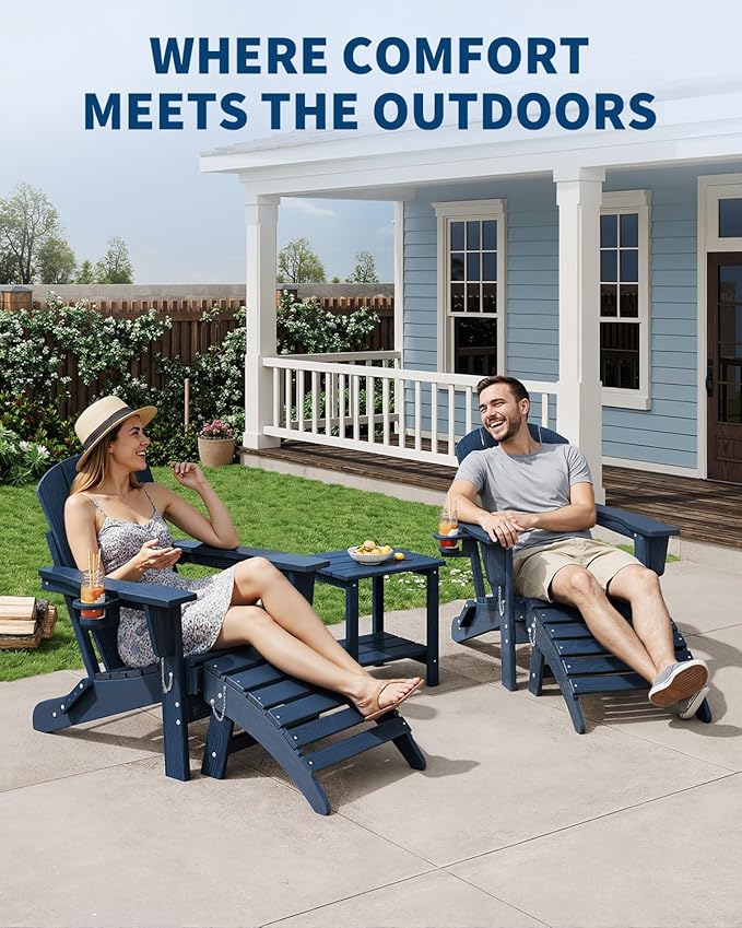 GarveeLife Folding Adirondack Chair Set of 4 with Ottoman, All-Weather HDPE Outdoor Chair, Wooden Textured with Cup Holder for patios, Decks, Gardens, fire pits, Navy Blue