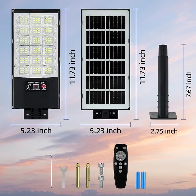 Solar Street Lights Outdoor, Waterproof Motion Sensor Solar Lights with Remote Control, 6500K Dusk to Dawn Parking Lot Flood Light for Outside Garage Yard, 2 Pack