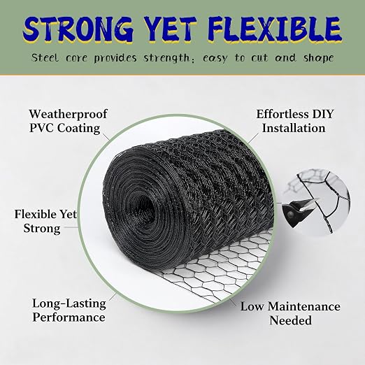 Black 19GA Chicken Wire 36inx150ft, Chicken Wire Fencing, Chicken Fence, PVC Coated Chicken Wire, PVC Coated Wire Mesh for Animal/Rabbit/Floral/Chicken Coop/DIY Projects.