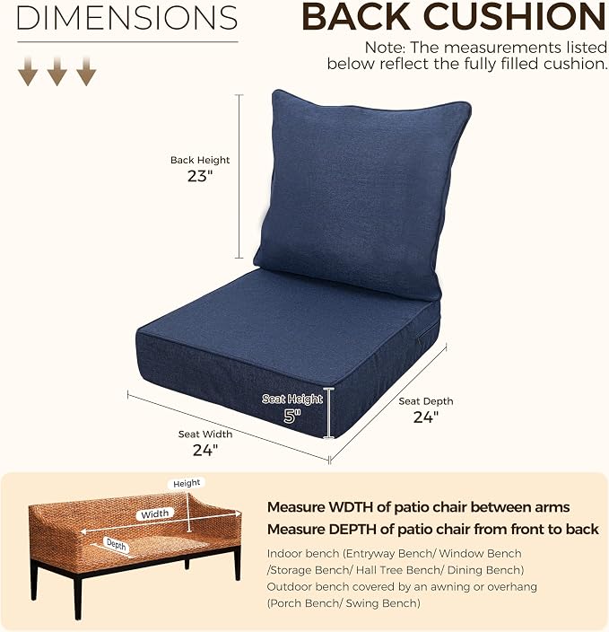 Art Leon Patio Chair Cushions - Outdoor Deep Seat Cushion 24 x 24 30D High Density Foam Waterproof Outdoor Seat Cushion with Non-Slip Backing Patio Cushions for Patio Furniture Garden Bench Navy Blue