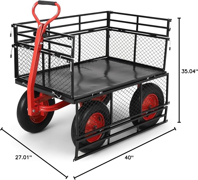 GarveeHome 1400Lbs Heavy Duty Steel Garden Cart, Garden Wagon Cart on Wheels, Metal Yard Utility Wagon with Removable Mesh Sides, 2-in-1 180° Rotating Handle and 16 Inch Wheels for Garden, Farm, Yard