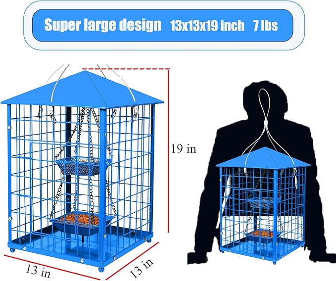 Mosloly Bluebird Feeders Squirrel-Proof, 7 lbs, Large Heavy Metal Caged Mealworms Blue Bird Feeders for Outside, Weatherproof Wild Bird Feeder,2 Layer Seed Cups(Blue)
