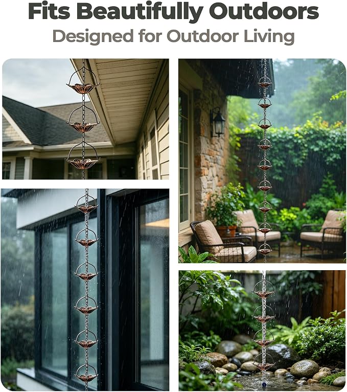 Copper Rain Chain for Gutters, 12 Cup Lotus Decorative Water Feature, 8FT 7IN Adjustable Metal Chain Rain Diverter for Outdoor Garden Décor with Crystal Accent
