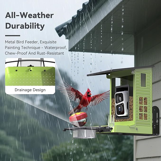 Rayki Metal Solar Powered Smart Bird Feeder with Camera, AI Identify with Solar Lights, 2K HD Cam & WiFi, Instant Arrival Alerts,Ideal Gift for Bird Lovers