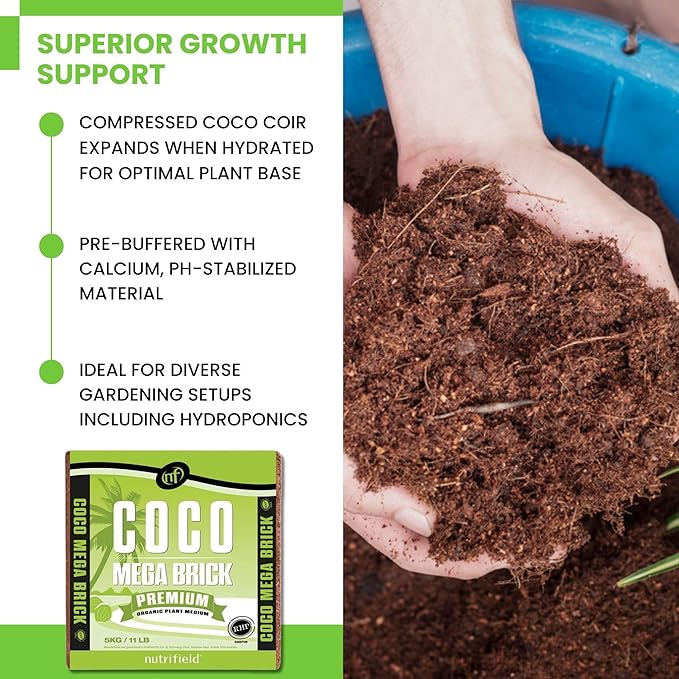 Nutrifield Coco Coir Mega Brick Organic Coconut Coir 11lb 5kg Coco Fiber Compressed Block Pre Washed Buffered RHP Cert Potting Soil Indoor Outdoor Plant Garden Vegetable Flower Seed Starter Mushroom