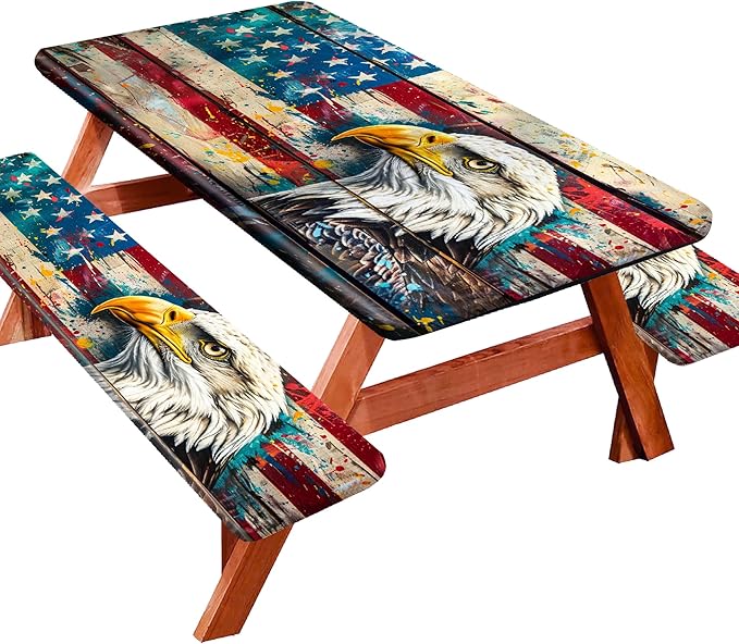 Picnic Table Cover with Bench Covers Camping Essentials Waterproof Windproof Camping Tablecloth with Elastic, Fits Table 30"x 72" Rectangle and Seats, Wood Grain American Flag