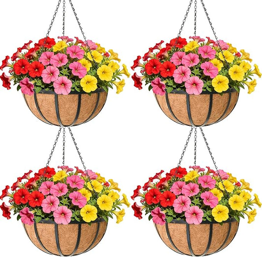 12 Inch Black Flat Iron Metal Hanging Planter Basket with Coco Coir Liner(4 Pack) Hanging Planters for Outdoor Plants Hanging Baskets for Plants Flower Pots for Deck Patio Porch Garden Balcony