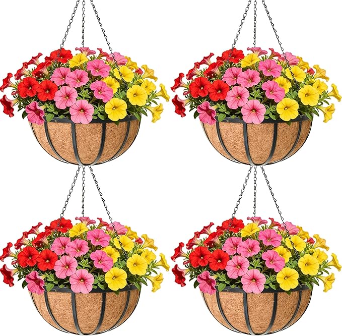 14 Inch Black Flat Iron Metal Hanging Planter Basket with Coco Coir Liner(4 Pack) Hanging Planters for Outdoor Plants Hanging Baskets for Plants Flower Pots for Deck Patio Porch Garden Balcony