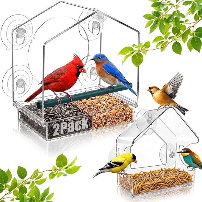 2PCS Window Bird Feeder with Strong Suction Cups, Bird Feeders for Outdoors, Clear Bird Feeder for Window, Outdoor Wild Bird Watching Gift for Women Mom Bird Lovers, Elderly Kids (1 Large+1 Small)