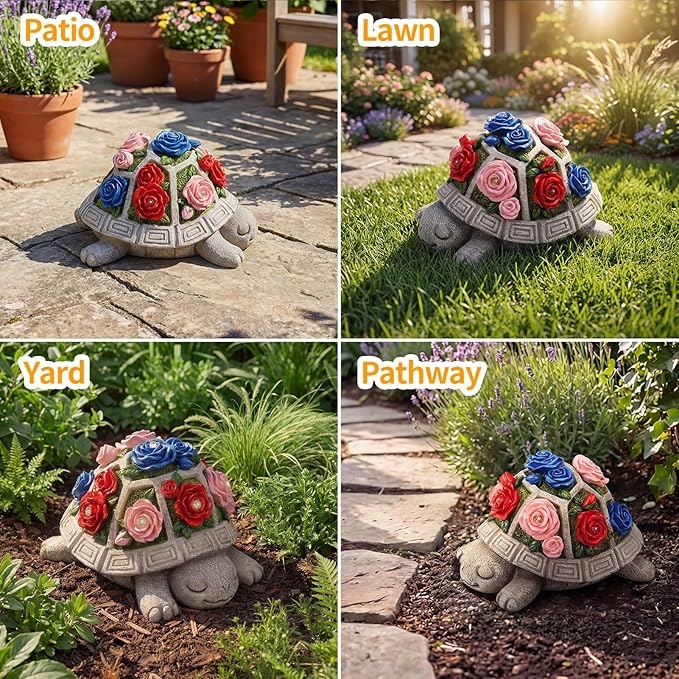 Solar Garden Outdoor Decor Turtle Statue with Colorful Roses & 7 LED Lights – Outside Tortoise Decor for Yard Patio Balcony & Backyard - Home House Decoration Art- Gift for Women Mom Grandma