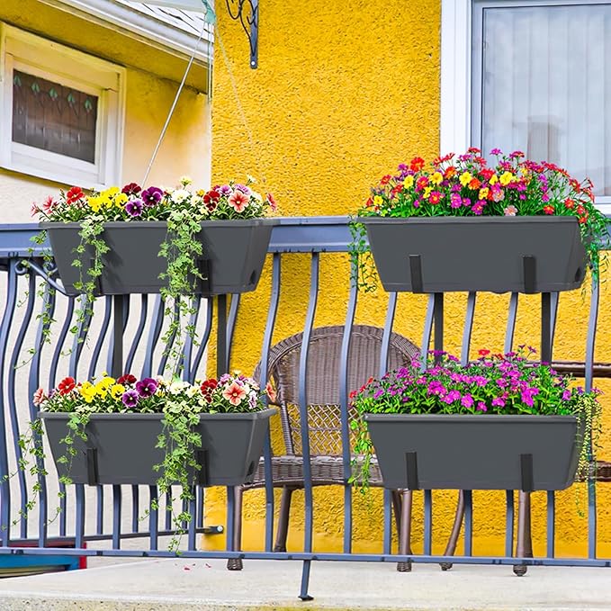 Deck Railing Planter Boxes 2 Tier Grey Window Boxes Planters Set of 2 with 4 Pack Rectangular Planter 16.9 Inch Outdoor Balcony Hanging Planters with Adjustable Brackets for Garden Porch Patio