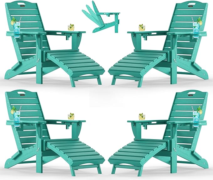 Ciokea Folding Adirondack Chair Set of 4 with Retractable Ottoman Fire Pit Patio Chair with Pull Out Foot Rest Weather Resistant Lawn Outdoor Chair with 2 Cup Holder (Lake Blue)