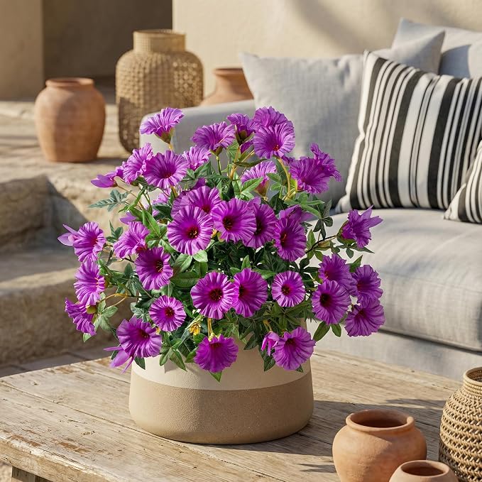Purple Artificial Morning Glory Flowers for Outdoor Planters, Premium UV Resistant Silk Faux Flowers for Porch, Hanging Basket & Window Box, Cottage Garden Decor, No Pot, 13.3 Inch, 4 Bundles