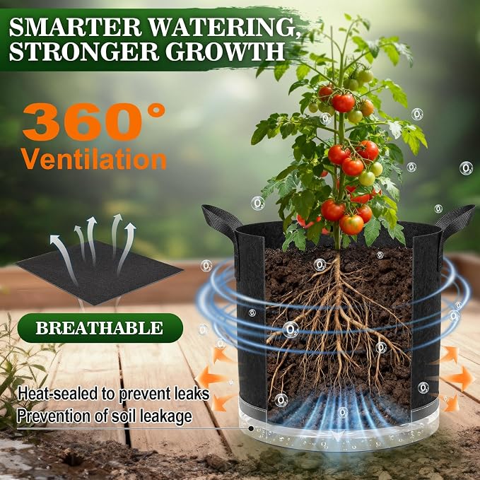 3 Pack 5 Gallon Self-Watering Grow Bags, Thick Nonwoven Fabric Pots with Support Rings and Reinforced Handles, Self-Watering Planters with Bottom Reservoir for Tomatoes Peppers Potatoes and Vegetables