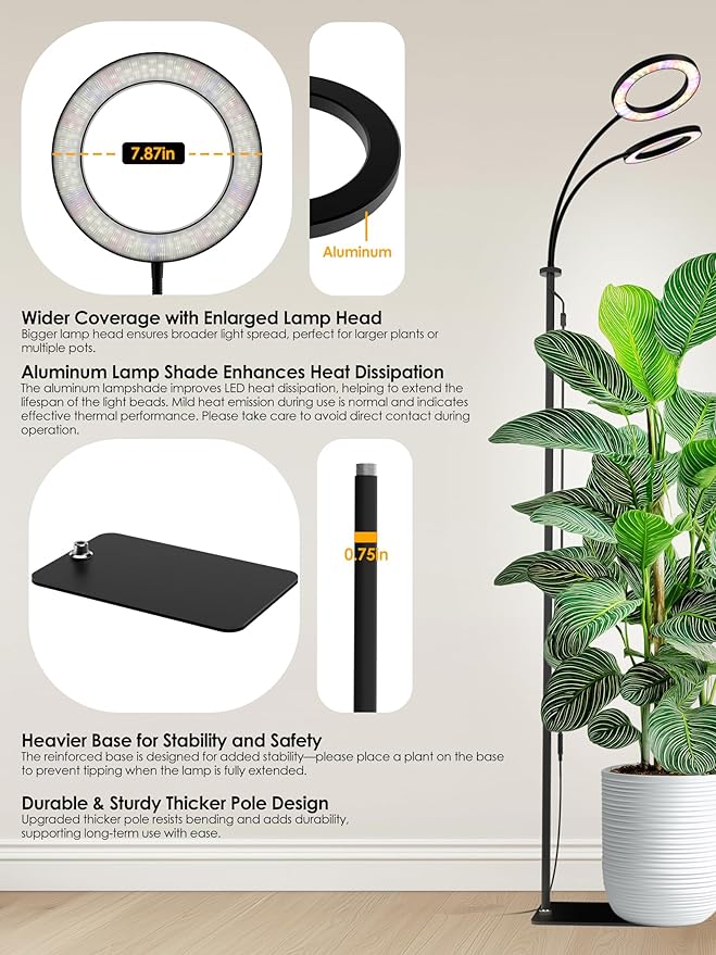 GLOWRIUM Grow Lights for Indoor Plants, Full Spectrum LED Grow Light, Stepless Dimming,3 Lighting Mode and Adjustable Height, Plant Light with 3/9/12/16H Timer (Black, 48W)