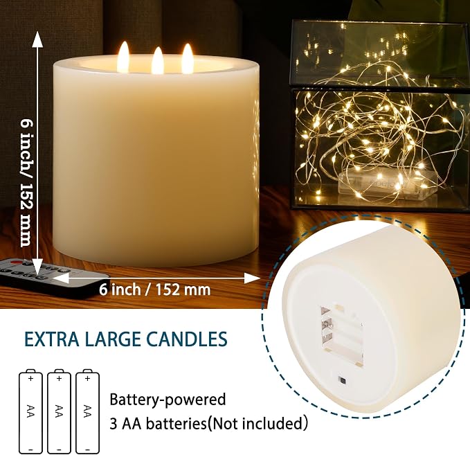 Extra Large Flameless Candles, 6"x6" Battery Operated Candles with Remote, Real Wax 3 Wick Led Candles with 3D Flickering Flame, Fake Candle for Home Decor (Ivory)