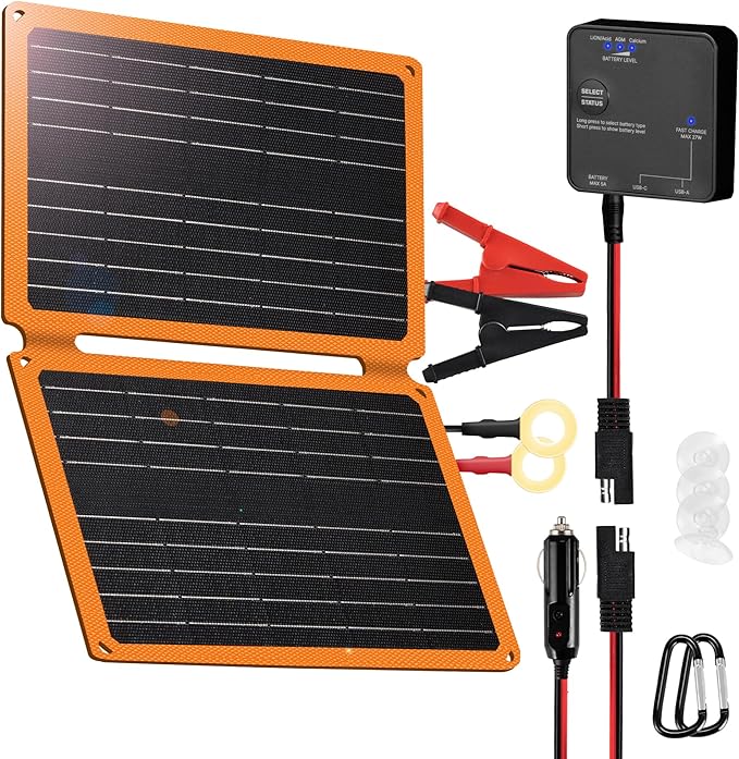FieryRed 20W 12V Solar Panel Car Battery Charger & Maintainer, Foldable Trickle Charger with Built-in Controller, Cig Plug, Alligator Clips, USB-C, USB-A Outputs for Car, Boat, RV, Tractor
