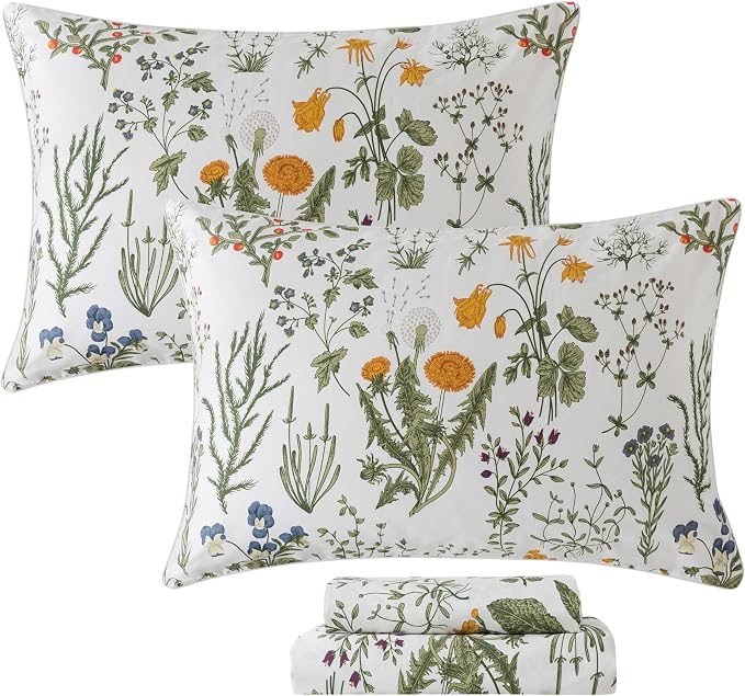 FADFAY 100% Egyptian Cotton Sheets Cal King Botanical Printed Floral Sheets Yellow Flowers & Leaves Pattern Farmhouse Bedding Soft and Breathable French Country Bedding 4Pcs Deep Pocket Sheet Set