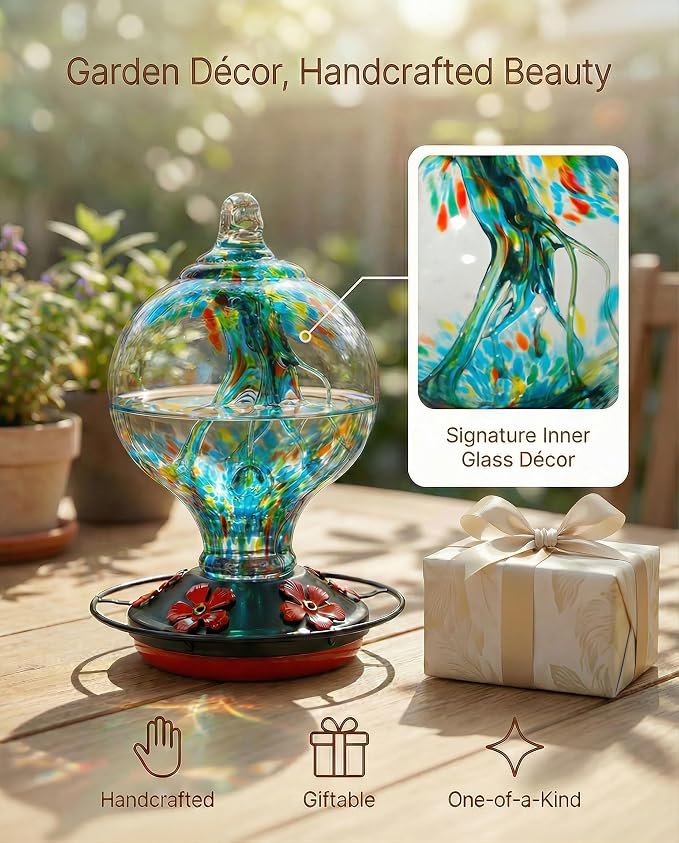 Hummingbird Feeder for Outdoors Hanging, 34 oz, Hand Blown Glass Humming Bird Feeders, Uniqe Gift for Women Mom Garden Bird Lover, Hook & Brush Included, Rainforest Blue