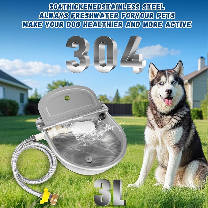 Automatic Water Dispenser for Dogs, Auto Dog Waterer for Outdoor, Stainless Steel Water Bowl Dispenser for Livestock, Chicken Water System, Self Filling Dog Water Bowl Fit 3/4'' GHT Faucet