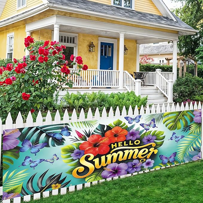 10x3 ft Extra Large Summer Flower Banner Outdoor 115''x35'' Hello Summer Banner for Fence Outside Garden Large Flower Banners Yard