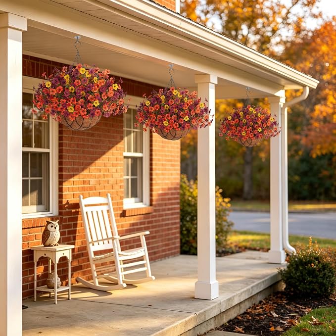 Fake Mums Artificial Fall Flowers with Hanging Baskets Outdoors for Decoration Faux mums for outdoor planters Daisy Flower with Eucalyptus Leaves for Porch Home Patio Balcony and Yard Autumn Decor