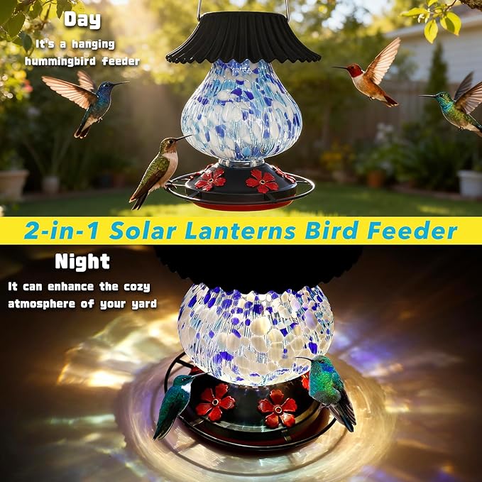 Solar Hummingbird Feeder-5 Feeding Ports with Perch, Hand Blown Glass Blue White Color Changing - Never Leak, Multicolor Night Lights – Perfect Hummingbird Feeder for Outdoors for Nature Enthusiasts