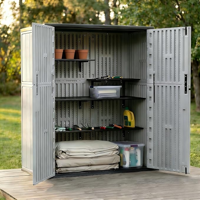 Outdoor Storage Shed 57 Cu.ft with 6 Adjustable Shelves – Weatherproof Resin Storage Cabinet with Floor, Lockable Vertical Shed for Garden Tools, Lawn Mower, Pool Equipment & Organization