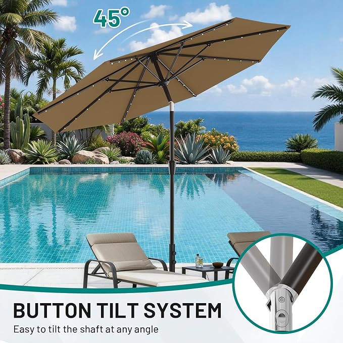 AreShark 9FT Patio Umbrella with Solar Lights, 32 Lighted Pool Umbrella w/Tilt and Crank, Outdoor Market Solar Umbrellas for Garden, Deck, Backyard, Pool and Beach, Khaki