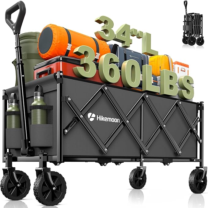 Hikemoon 34'' Extra Long Collapsible Wagons Carts Foldable, 360LBS Heavy Duty Folding Beach Wagon with Wheels, Portable Utility Outdoor Cart for Grocery, Garden, Sports, Camping, Grey