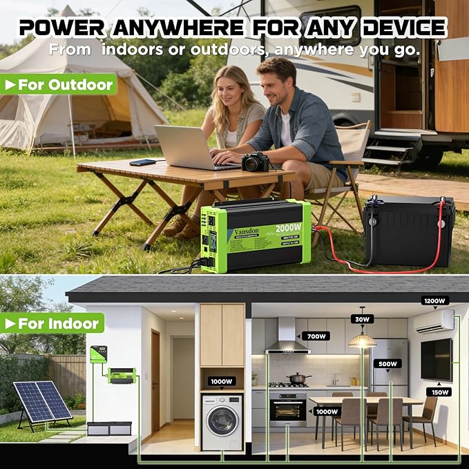 Vansdon 2000W Pure Sine Wave Inverter 12V DC to 120V AC Inverters for RV,Truck, Solar, Home, Off-Grid, Car Power Inverter with LCD Display, 3 AC Outlet, 30W USB-C, USB, Remote Control, Surge 4000W