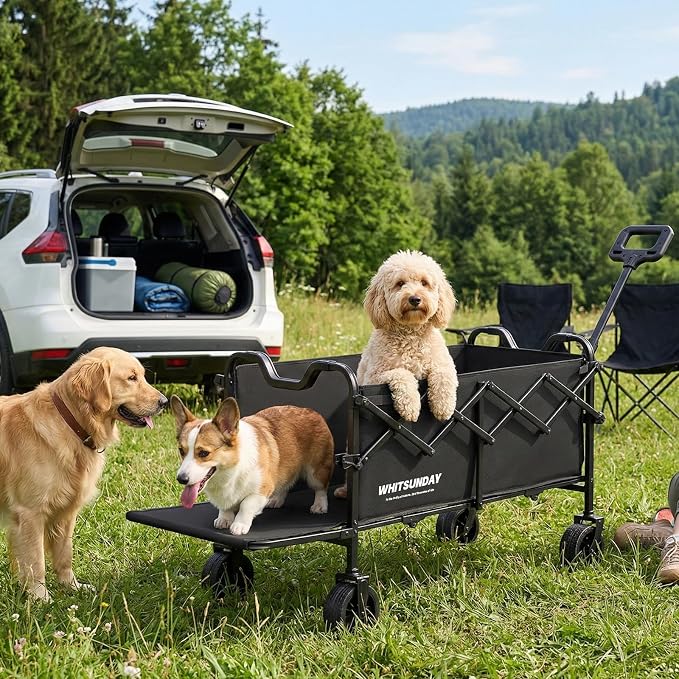 Collapsible Folding Wagon Cart, Heavy Duty Utility Wagons with Tailgate & Wheels,Portable Utility Cart for Camping,Garden,Beach,Sports Black