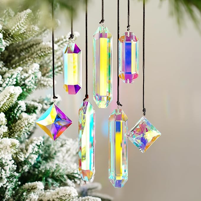 HDCRYSTALGIFTS Set 7 Crystal Sun Catcher Prisms, AB Colored Suncatcher Crystals Indoor Window Hanging Ornaments Rainbow Maker Prisms for Home Garden Decor