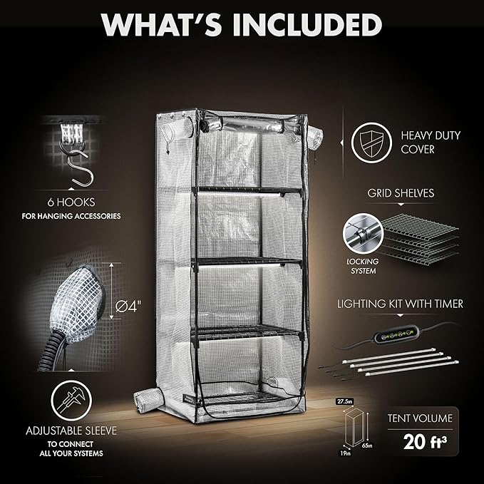 Mushroom Grow Tent with Light and Timer, 65" x 27.5" x 20" & 6500k LED, Indoor Greenhouse with Grow Light, Martha Tent for Mushroom, mini Greenhouse, 4" Vents to Insert Accessories, fits monotub