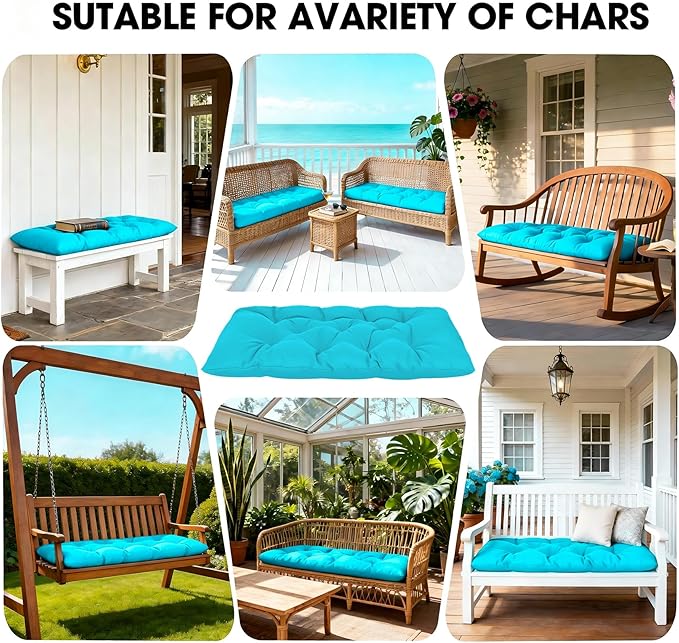 Yddsky 47.3 in Waterproof Indoor/Outdoor Garden Bench Seat Cushions，Thicken Patio Bench Soft Rocking Chairs Pad Lounger Seat for Wicker Loveseat Settee（47.3 X 19.6 X 3.9 in Turquoise）