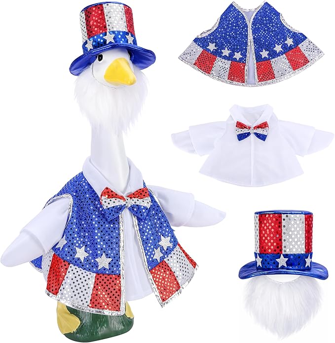 3 Pcs/Set 4th of July Porch Goose Outfit, 23" High Lawn Goose Patriotic Costume Clothing, Independence Day Garden Geese Clothes Sequins Waistcoat Shirt with Top Hat for Outdoor Patio Yard Decoration