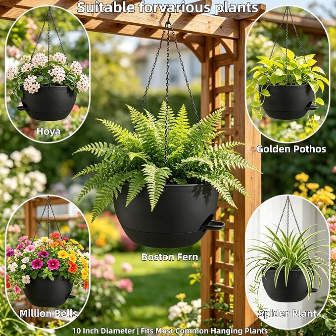 2 Pack 10 Inch Self Watering Hanging Planters for Indoor Plants, Large Black Plastic Hanging Pots with Chains for Outdoor Patio Garden Home Decor (Black)