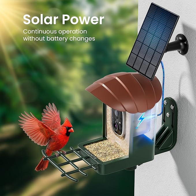 HEAPETS Bird Feeder with Camera Solar Powered, 4K UHD Video, AI Bird Recognition, Auto Capture with Instant Notifications, IP65 Weatherproof, Gifts for Seniors Bird Watchers, Brown