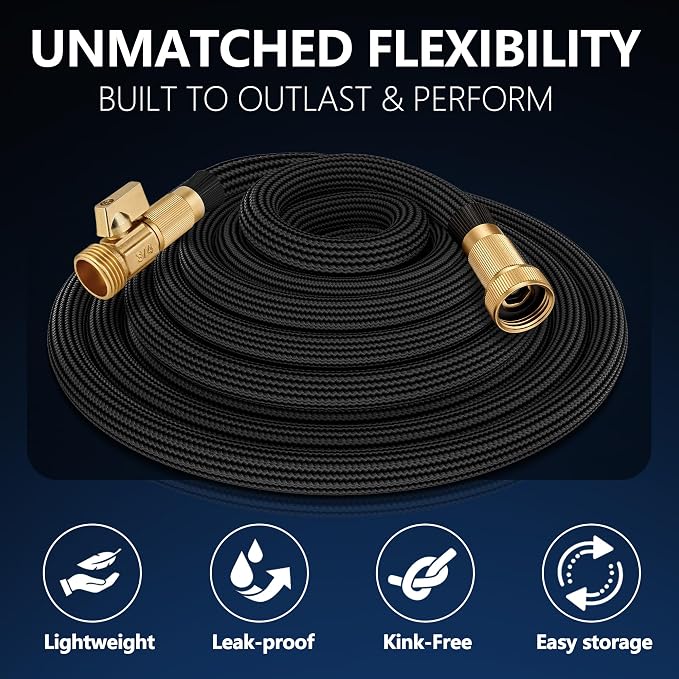 Flexible Garden Hose 75 FT, Ultra Lightweight Water Hoses 75FT w/10 Function Sprayer and 3/4" Brass Fittings, Kink-Free, Sturdy, Abrasion Resistant for Yard, Lawn, Outdoor and Gardening(Black)