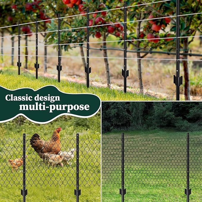20 Pack Metal Garden Fence Posts 5 FT Black – Heavy Duty U-Post for Wire Fencing, No-Dig Fence Stakes for Temporary Fencing, Corner Anchor Posts, Rustproof Powder-Coated Steel for Farm, Yard & Garden