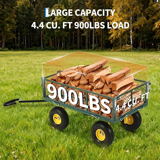 900 Lb Capacity Heavy Duty Steel Garden Cart – 2-in-1 Utility Wagon with Removable Mesh Sides, 10" All-Terrain Tires, Flatbed Conversion, 180° Rotating Handle – Perfect for Lawn, Garden & Backyard