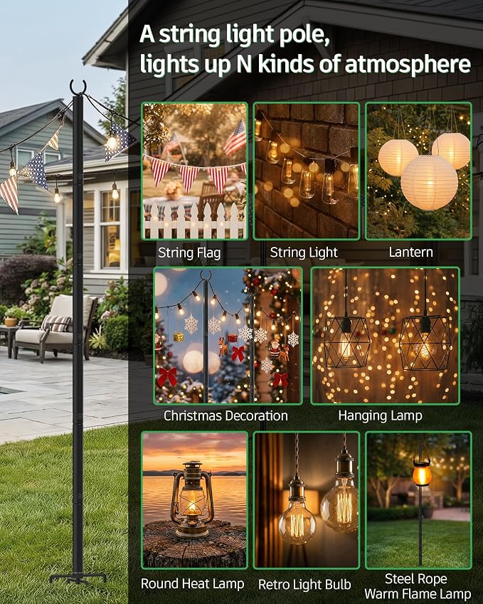 LAND·VOI Outdoor String Light Poles 4 Pack, Heavy Duty String Light Poles for Outside with 5-Prong Base & Adjustable Height, Perfect for Backyard, Patio, Garden, Fence and Party Decor