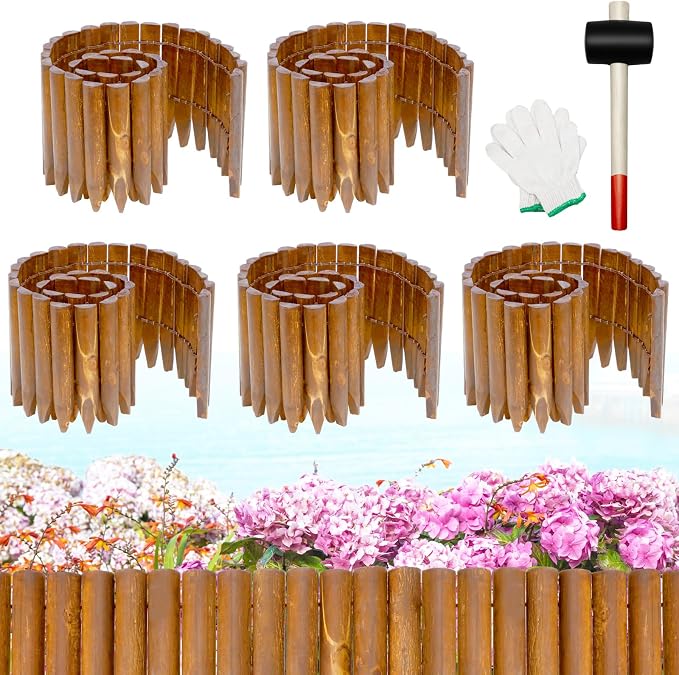 Hicarer 5 Pcs Wood Garden Edging Fence Border, 8" H x 47" L for Each, Wooden Solid Log Landscape Border, Short Decorative Flower Bed Barriers with Gloves & Hammer for Tree Lawn Yard(Light Wood Color)