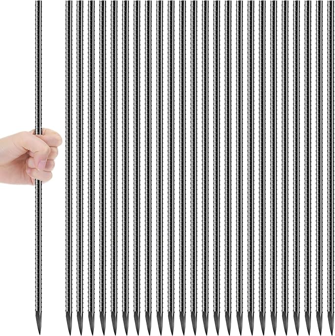 Jetec 24 Pcs 12 Inch Black Ground Rebar Stakes Heavy Duty Ground Anchors Steel Plant Support Garden Stake Long Straight Metal Spikes with Chisel Point End for Garden Concrete Plant Tent